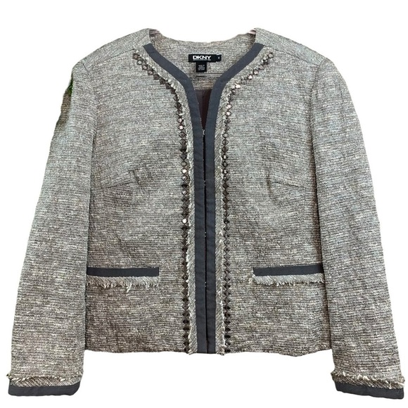 DKNY Donna Karan Tweed Frayed Metallic Beaded Blazer Jacket Silver Gray Size 8 - Picture 8 of 8